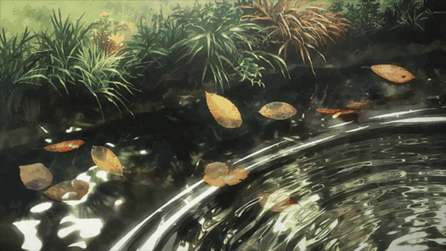 a painting of leaves floating on top of a body of water
