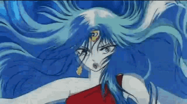 a woman with long blue hair and a red dress is dancing in the water .