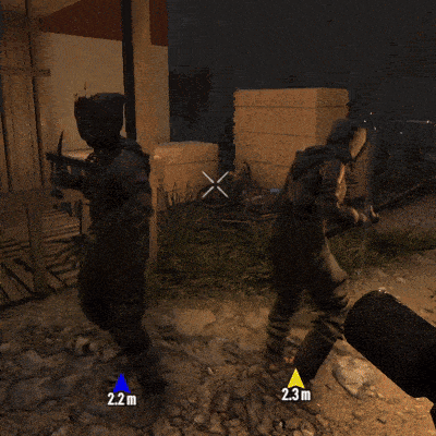 a screenshot of a video game shows a man standing 2.2 m away from another man standing 2.3 m away