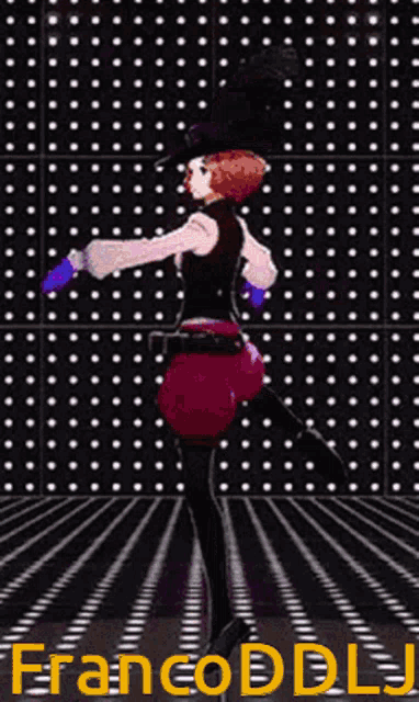 a cartoon character is dancing in front of a wall that says francoddllj on it