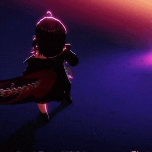 a girl in a black dress is flying through the air with a purple background