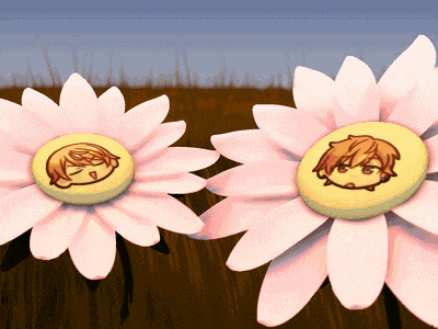 two pink flowers with a yellow center and a boy 's head on them