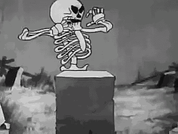 a black and white cartoon of a skeleton standing on top of a pedestal .