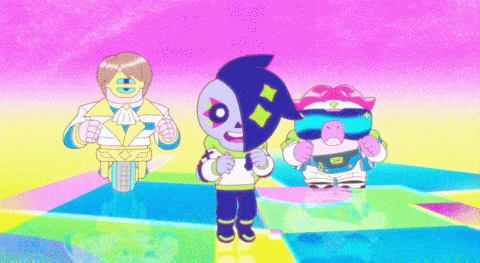 a cartoon character with a mask on his face is standing next to two others