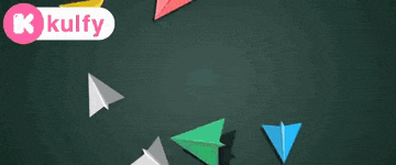 a bunch of colorful paper planes are flying in the air with a k kulfy logo in the background