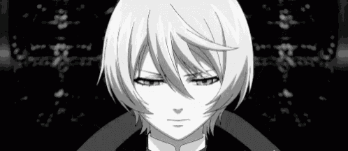 a black and white drawing of a young boy with short white hair and a serious expression on his face .