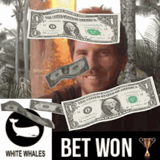 a man is holding a dollar bill in front of his face with the words " bet won " on the bottom