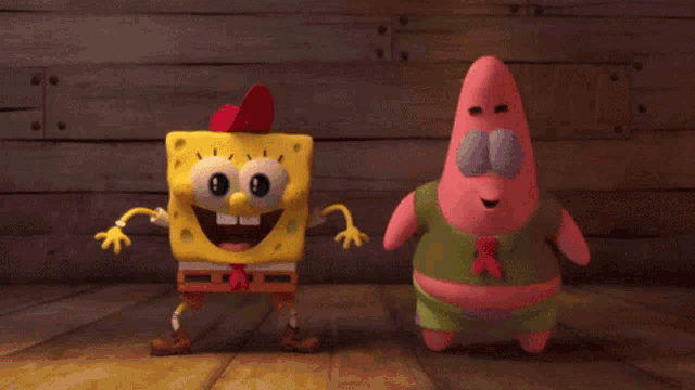 spongebob and patrick from spongebob squarepants are dancing on a wooden floor