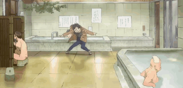 a cartoon drawing of a man dancing in a bath room