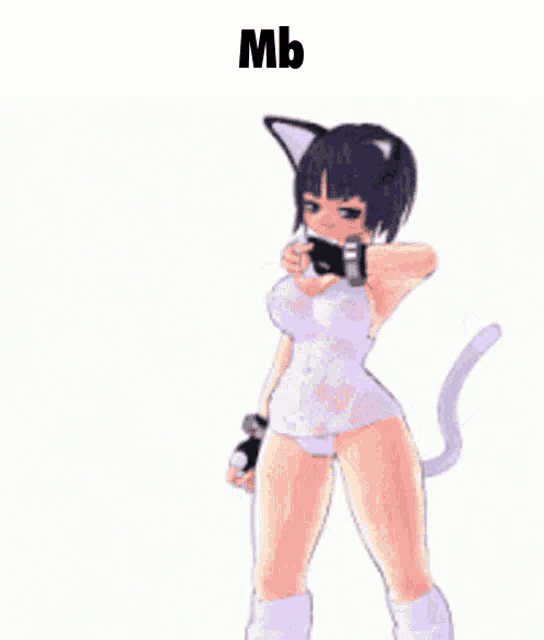 a cartoon girl with cat ears is wearing gloves and a white bodysuit