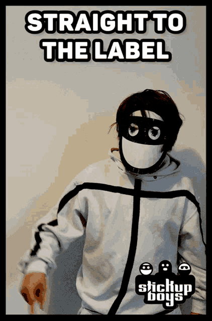 a person wearing a mask with the words straight to the label above them