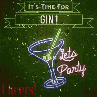 a neon sign with a martini glass and the words it 's time for gin let 's party