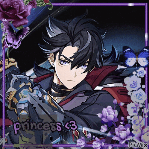 a picture of a boy with purple flowers and the words princess c3 at the bottom
