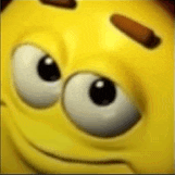 a close up of a yellow cartoon smiley face with big eyes and a brown eyebrow .