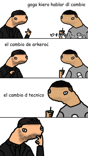 a cartoon of a man talking to another man with the words goga kiero hablar di cambio at the top