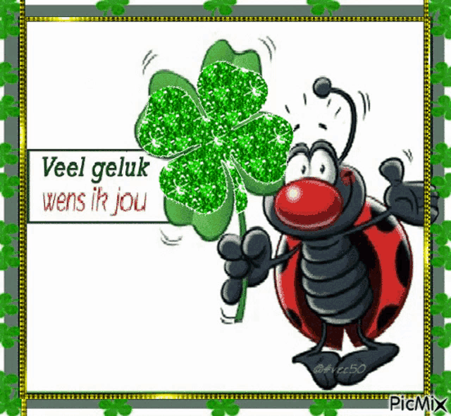 a cartoon ladybug is holding a four leaf clover and says veel geluk wens ik jou