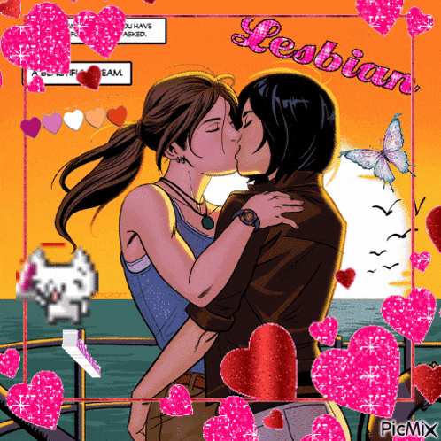 a picture of two women kissing with the word lesbian written in pink