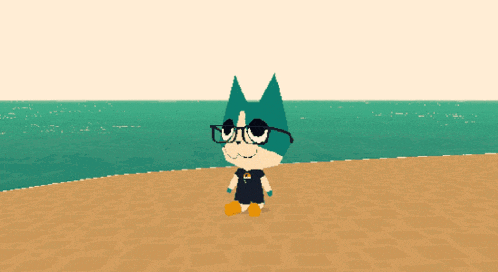 a cartoon cat wearing glasses and a black shirt is standing on the beach