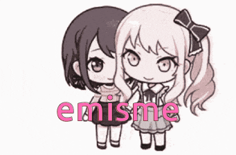 a couple of anime girls standing next to each other with the word emisme written on the bottom