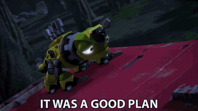 a cartoon character with the words " it was a good plan " below it