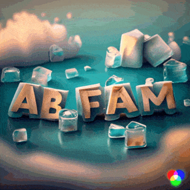 the word ab fam is surrounded by ice cubes on a blue surface