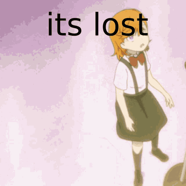 a cartoon girl is standing in front of a purple background with the words its lost above her