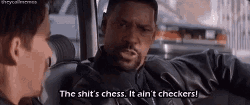 two men are sitting in a car and one of them is saying the shit 's chess .
