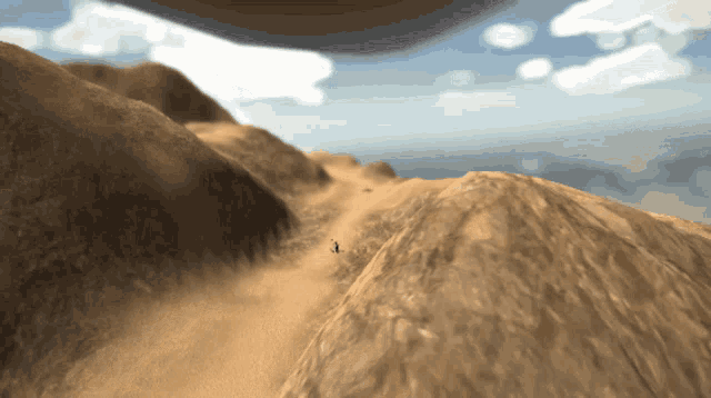 a computer generated image of a desert landscape with a blue sky and clouds