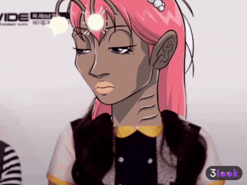 a cartoon drawing of a woman with pink hair and a 3look sticker