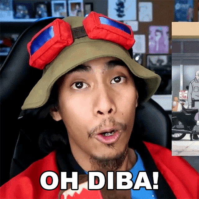 a man with a beard wearing a hat and goggles says oh diba