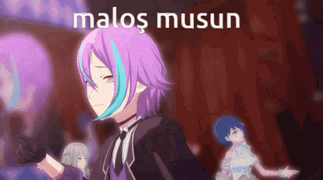 a purple haired anime character with the words malos musun written above him
