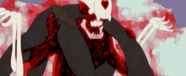 a skeleton with a heart in its mouth