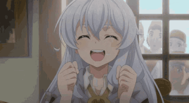a girl with gray hair is smiling with her mouth open