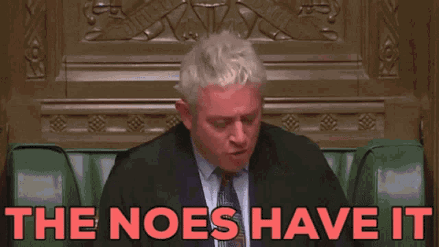 a man in a suit and tie sits in a chair with the words " the noes have it " above him