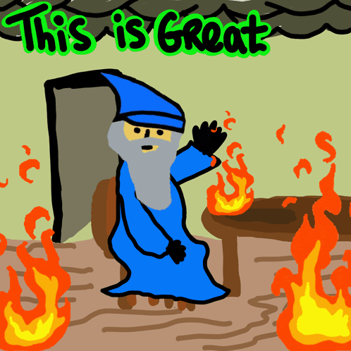 a drawing of a wizard sitting in front of a fire with the words this is great above him