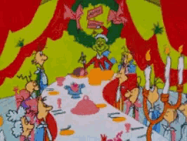 a cartoon of the grinch sitting at a table with people