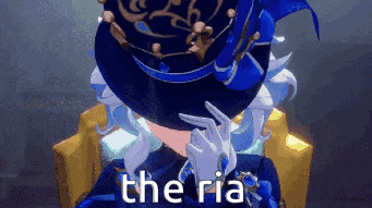 a person wearing a blue hat and white gloves is sitting in a chair with the word the ria above them .