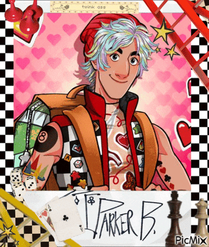 a cartoon of a man with tattoos and the name parker b