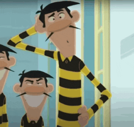 a cartoon character wearing a yellow and black striped shirt with a mustache