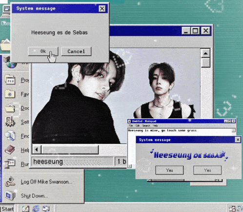 a computer screen shows a system message for heeseung