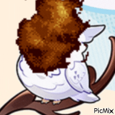 a pixel art of a bird sitting on a branch with a pile of food on its back .