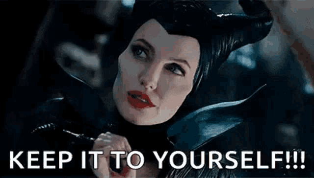 a woman with horns is holding her finger to her lips and says `` keep it to yourself ! ''