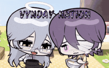 two cartoon characters are standing next to each other with the words vynday nation written on the bottom