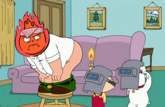a cartoon of a man sitting on a stool with a fire head on his head