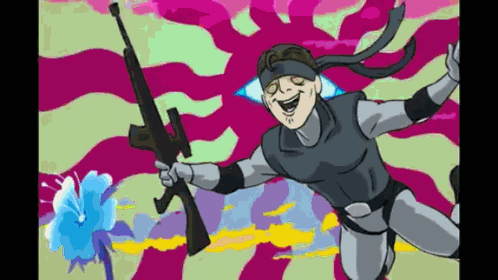 a cartoon of a man holding a gun and smiling