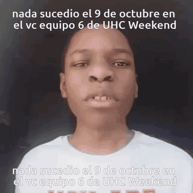 a young man is wearing a white shirt that says el vc equipo 6 de uhc weekend