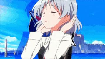 a girl with gray hair is sleeping with her eyes closed in front of a blue sky