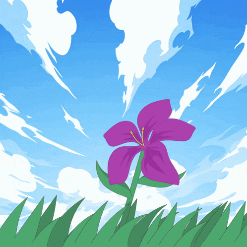a purple flower with a yellow center stands in the grass