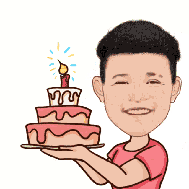 a cartoon man is holding a birthday cake with a lit candle