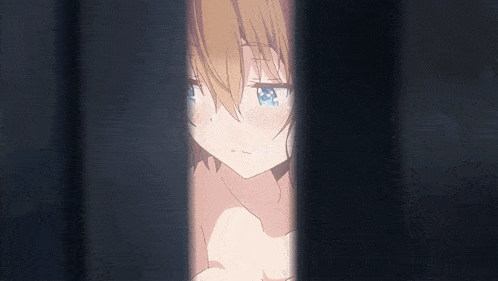 a naked anime girl with blue eyes is peeking through a doorway